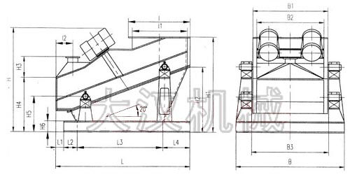 礦用振動篩 ZSG礦用振動篩外形示意圖:B為礦用振動篩寬度,L為礦用振動篩長度。H為礦用振動篩高度等。