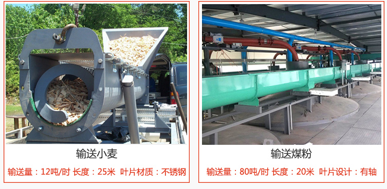 絞龍螺旋輸送機輸送小麥輸送量在12噸/時,長度為25米,葉片采用不銹鋼材質(zhì);輸送水泥輸送量在80噸/時,長度為20米,葉片設(shè)計為有軸。