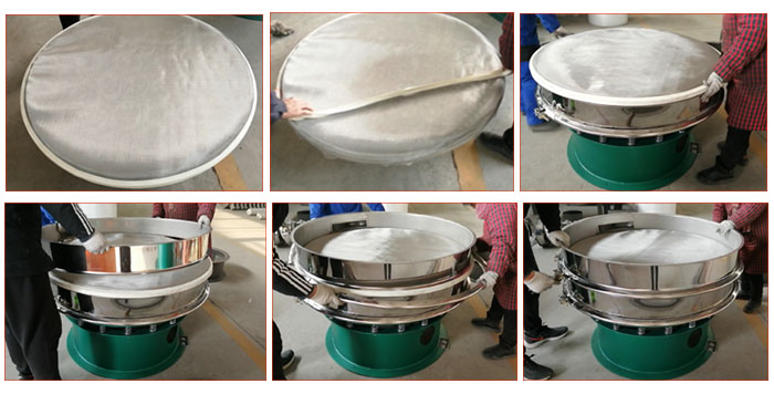 食品振動篩網安裝步驟3,將密封圈安裝到網架周圍,將篩框放到網架上,并利用束環將上下兩層篩框固定在一起。