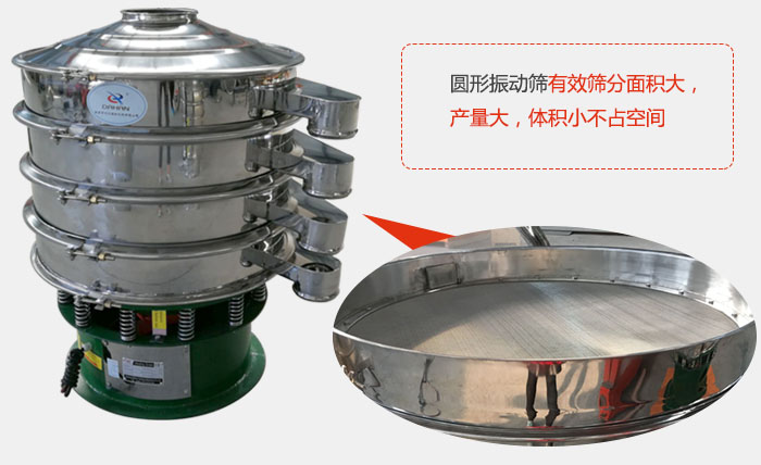 圓形振動(dòng)篩有效篩分面積大，產(chǎn)量大，體積小不占空間。