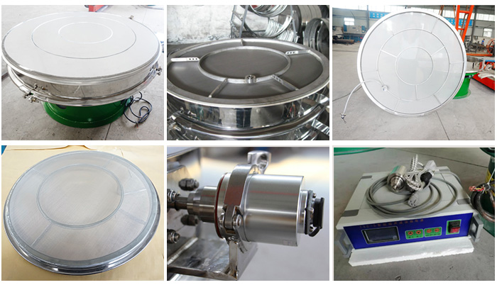 超聲波旋振篩網架，篩框，超聲波換能器，超聲波電源等細節展示。